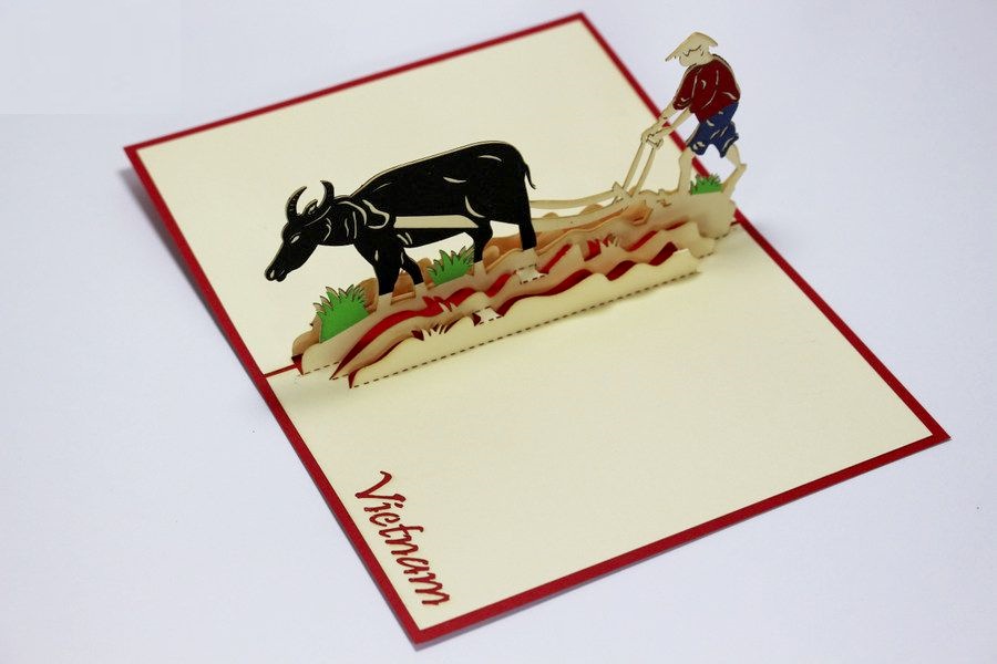 Vietnamese 3D card - Buffalo plow - NCN20