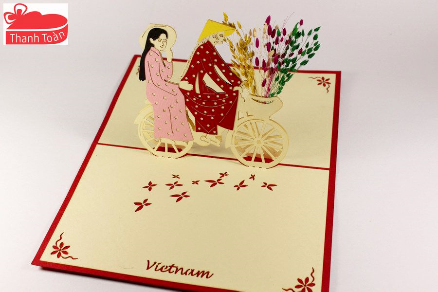 Vietnamese Pop-up Card - Thanh Toan - Ao Dai girls and bicycle - T22