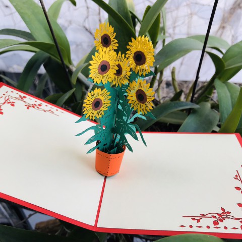 Thiệp 3D Hoa - Chậu hoa hướng dương vàng thắm - NV91 