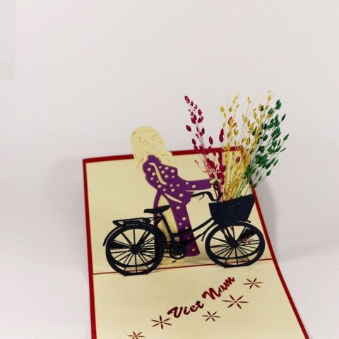 Vietnamese Pop-up Card - Ao Dai girl on a bicycle - NV07