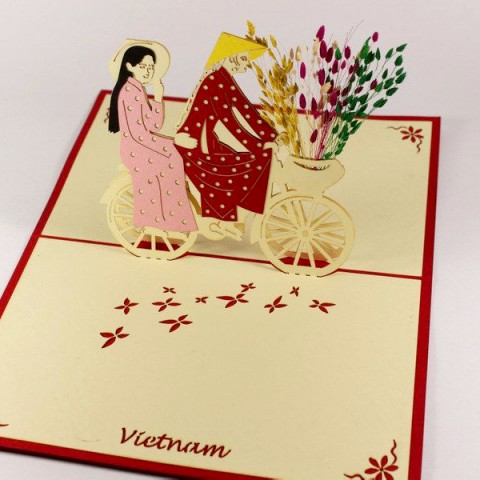 Vietnamese Pop-up Card - Thanh Toan - Ao Dai girls and bicycle - T22